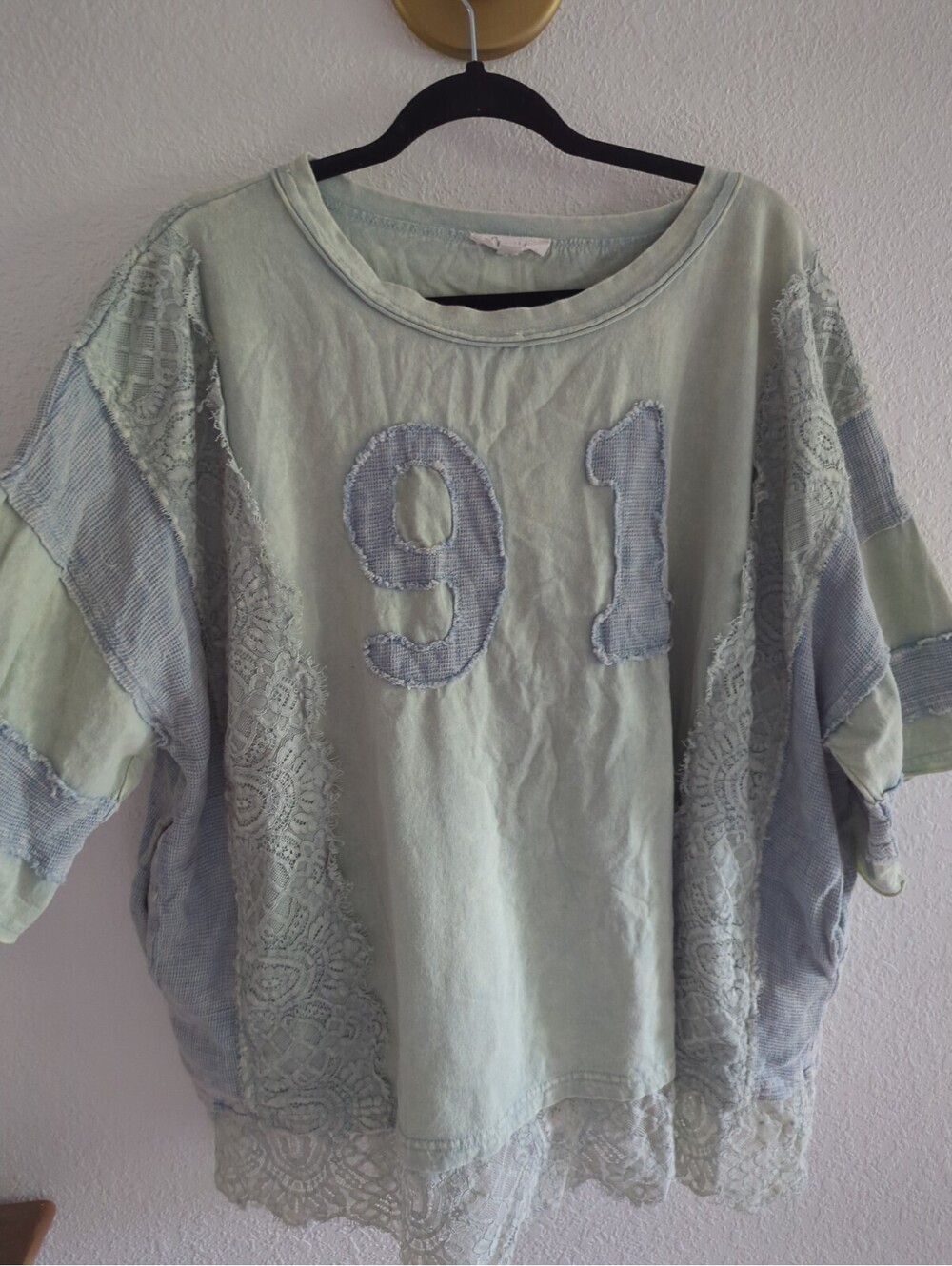 OLI & HALI Gray Patchwork Mixed Media Waffle Knit Oversized Boxy Top XL Varsity - Picture 5 of 8